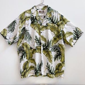 Green White Floral Hibiscus Short Sleeve Rayon Men’s Hawaiian Shirt XL